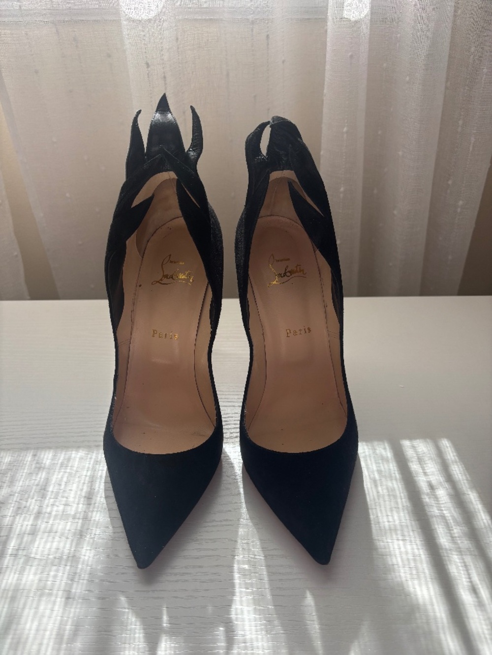 Louboutin red bottom black suede flame point toe pumps